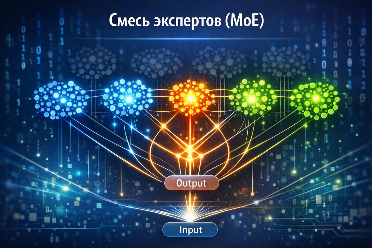 Абстрактное изображение работы смеси экспертов (MoE).