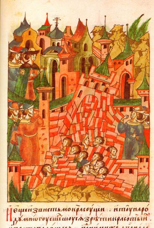 Миниатюра лицевого свода, с упавшей башней c воротами Владимирского кремля.