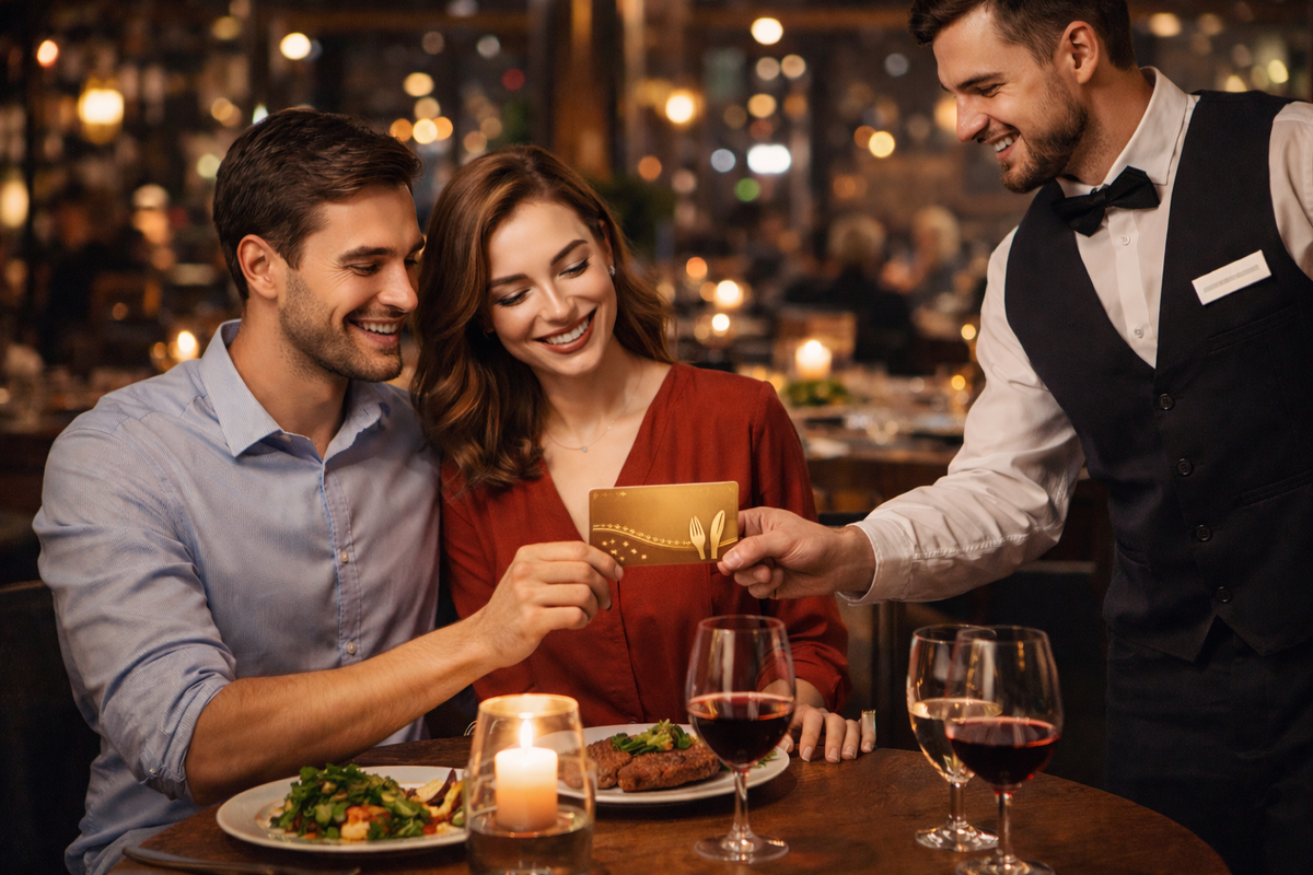 Официант дарит гостям бонусную карту ресторана