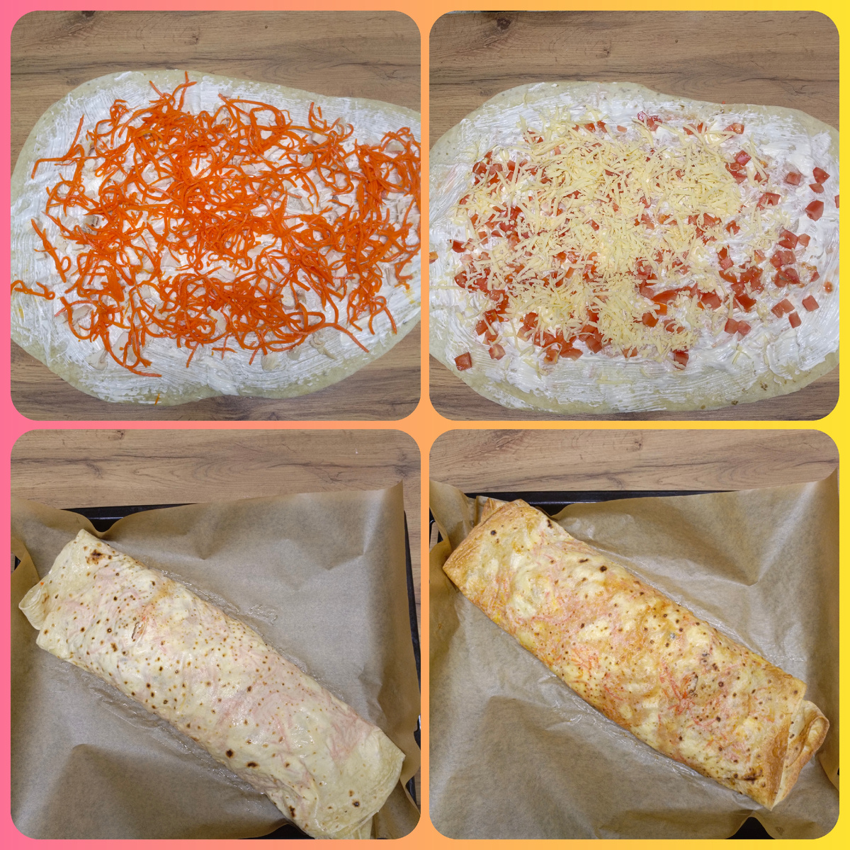 Лаваш смазать майонезом, выложить отварную нарезанную куриную грудку (1 куриная грудка) и морковь по-корейски (150 г). Сверху положить лист лаваша и смазать майонезом. Выложить нарезанный помидор (2 шт.) и натёртый сыр (150 г). Завернуть в рулет. Смазать яйцом. В духовку — 180 градусов на 10–15 минут, чтобы всё подрумянилось.