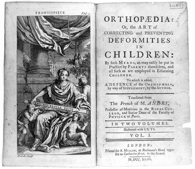Титульный лист труда«Ортопедия, или Искусство предупреждать и исправлять у детей деформации тела». Источник – Яндекс – картинки.