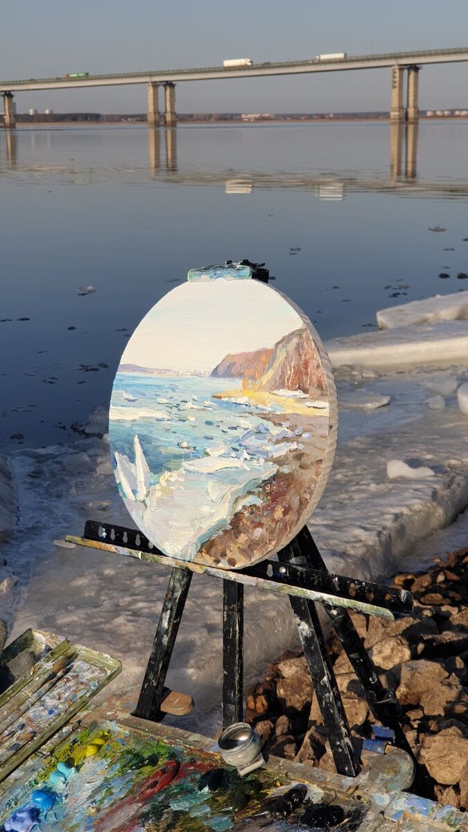 Афанасьева Анастасия Евгеньевна, "Ледоход на Волге" 2025 г.Казань Холст, масло.  30 см