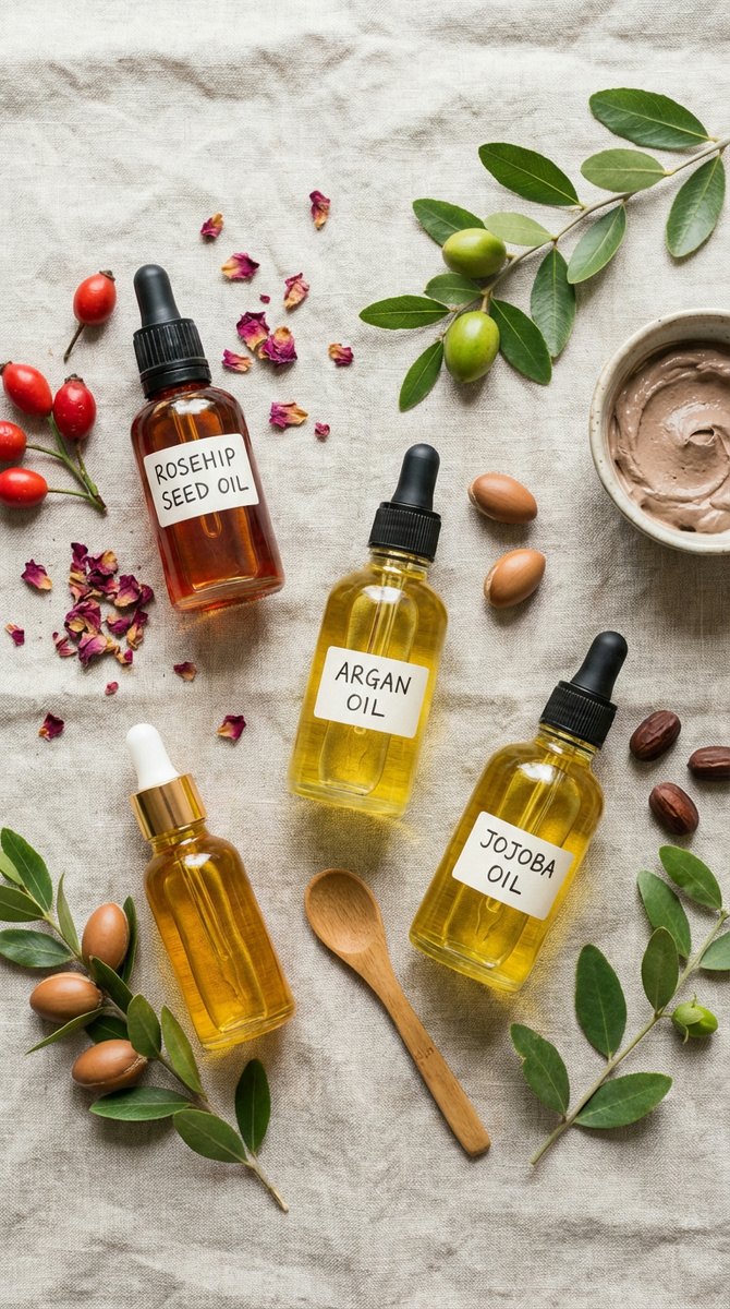 Натуральные масла для омоложения лица в стеклянных флаконах: шиповник, аргана, жожоба и растительные компоненты для ухода за кожей.