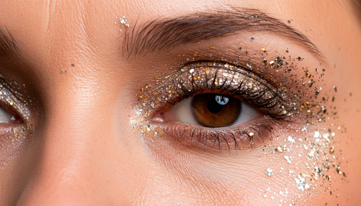 Коварный глиттер. Крупные сухие блестки подчеркивают текстуру кожи и делают веко «пожеванным». Оставьте их подросткам.
