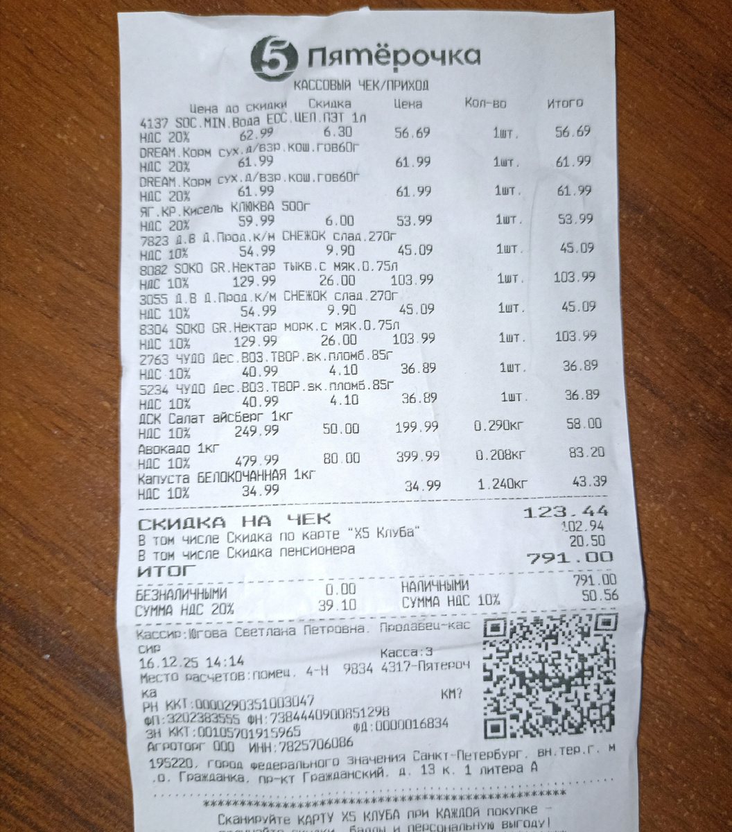 СУММА ПОКУПКИ - 791 РУБ., СКИДКА - 123 РУБ. 