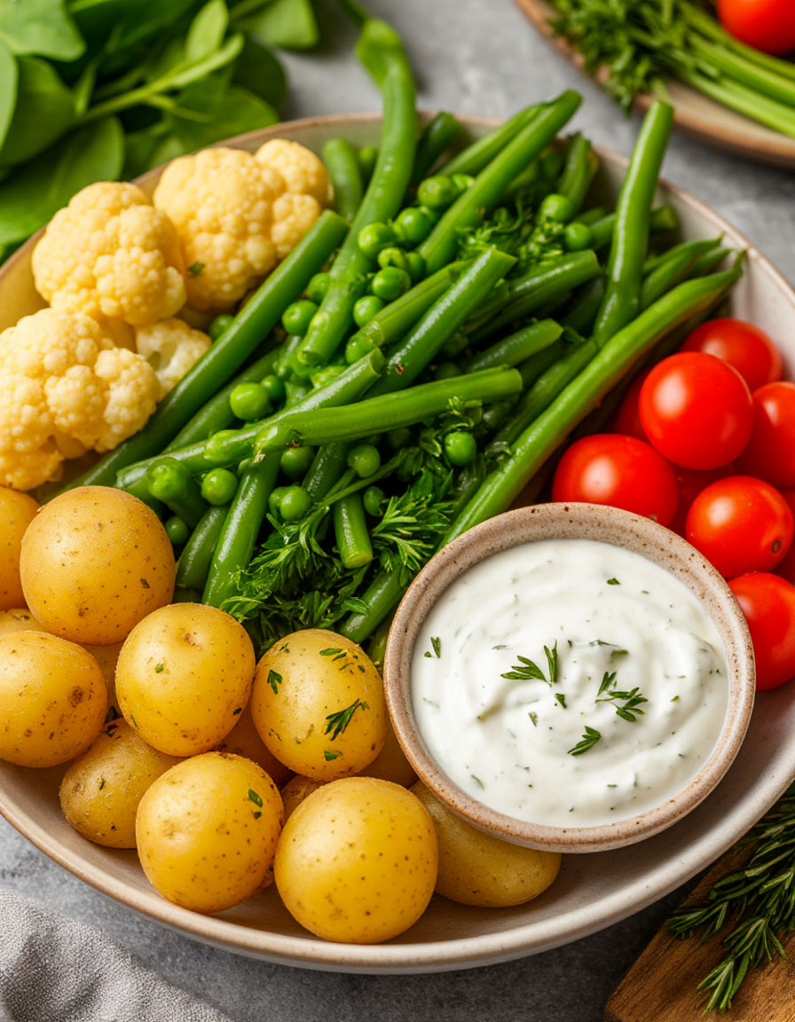 картофель, цветной капуста, стручковая фасоль,  горошек, помидор, сметана, зелень