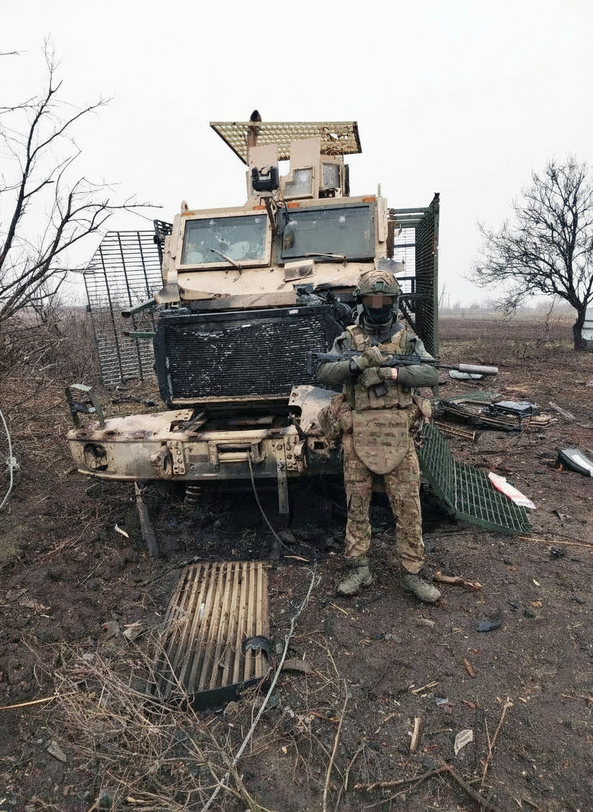 Солдат группировки "Восток" на фоне американской бронемашины International MaxxPro