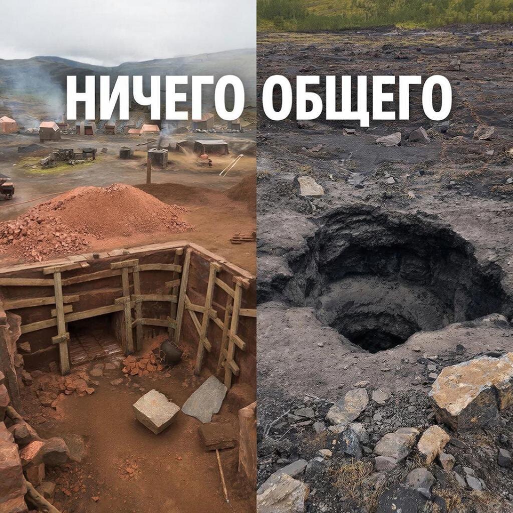 Сравнительная схема-анализ. Сгенерировано нейросетью по авторскому запросу для наглядного сопоставления признаков настоящего археологического объекта и природного образования, выдаваемого за древний рудник.