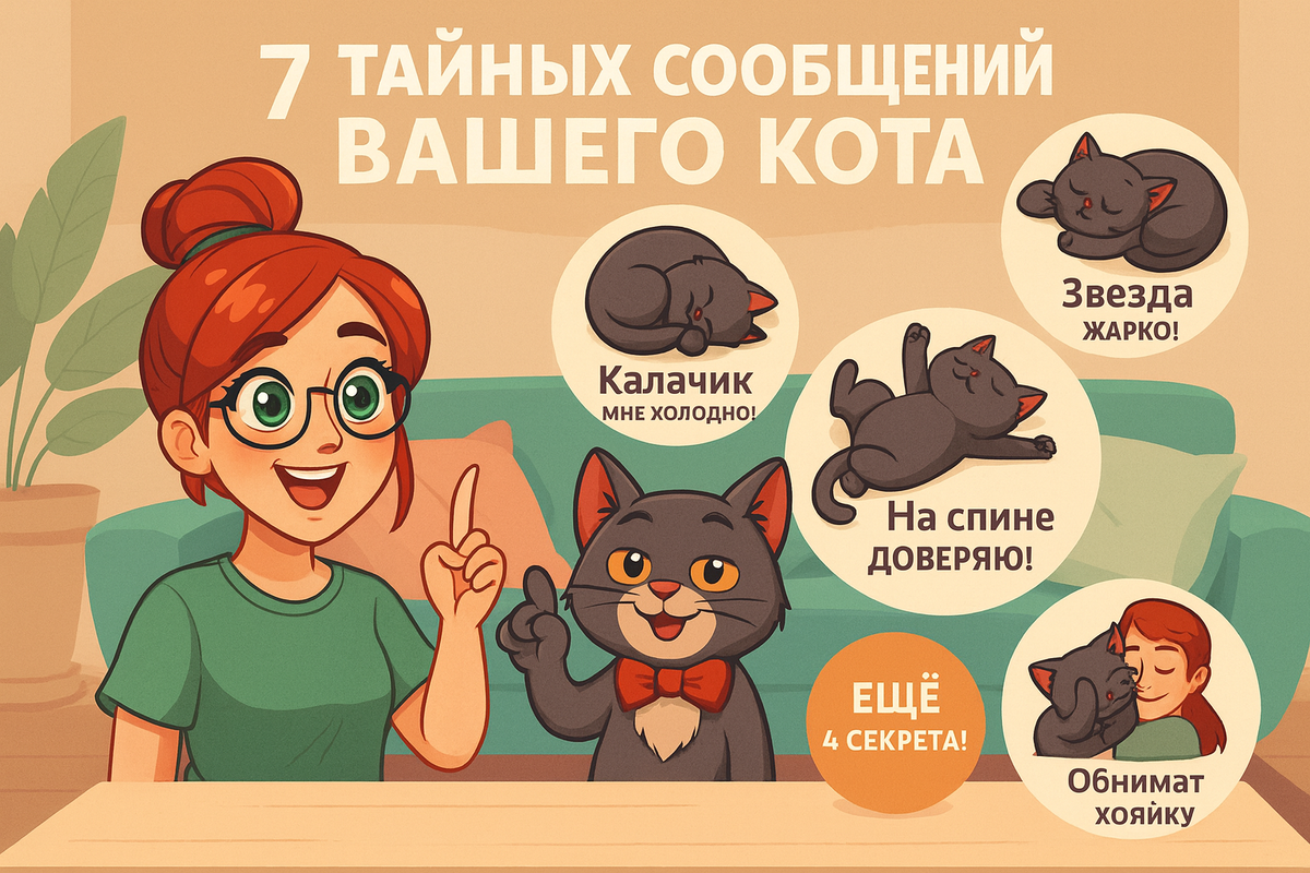 Иллюстрация создана автором с помощью нейросети специально для статьи
«Пушистый переводчик раскрывает секреты: что означает каждая поза кошачьего сна и как понять сигналы питомца»