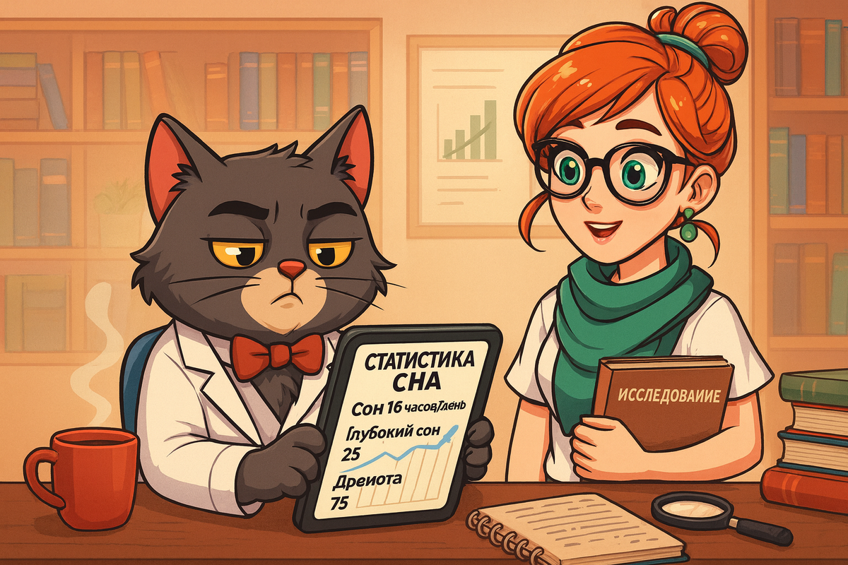 Иллюстрация создана автором с помощью нейросети специально для статьи
"Пушистый исследователь раскрывает секреты: почему кошки спят 16 часов и как это связано со стратегией выживания"
