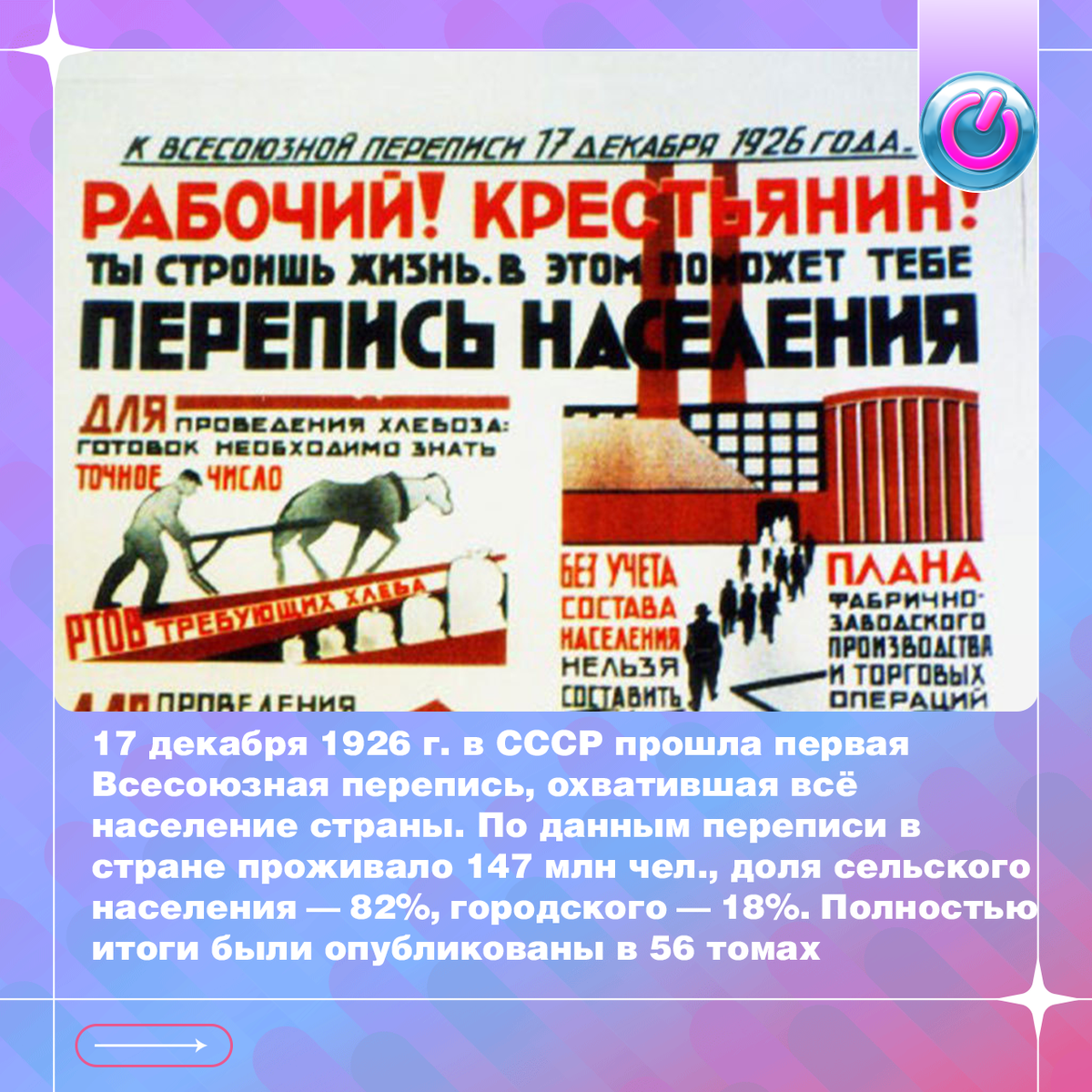 17 декабря 1926 г. в СССР прошла первая Всесоюзная перепись, охватившая всё население страны. Она проводилась методом опроса по 14 пунктам, выработанным выдающимися статистиками Василием Михайловским и Олимпием Квиткиным. По данным переписи в стране проживало 147 млн чел., доля сельского населения — 82%, городского — 18%. Полностью итоги были опубликованы в 56 томах