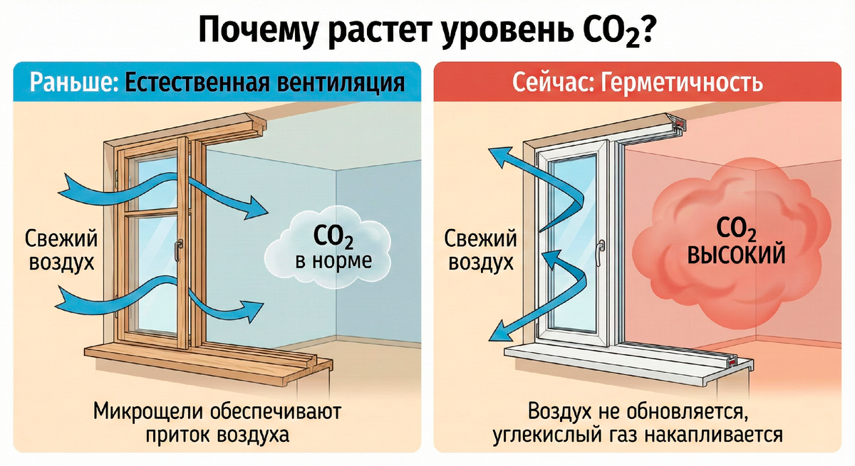 Наглядная разница: как герметичные окна «запирают» углекислый газ внутри квартиры, заставляя мозг голодать всю ночь.