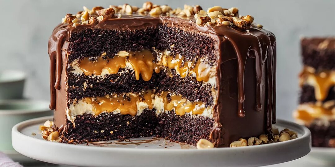 Самый простой рецепт торта «Сникерс»: шоколадный бисквит, солёная карамель с арахисом и нежный крем-чиз
