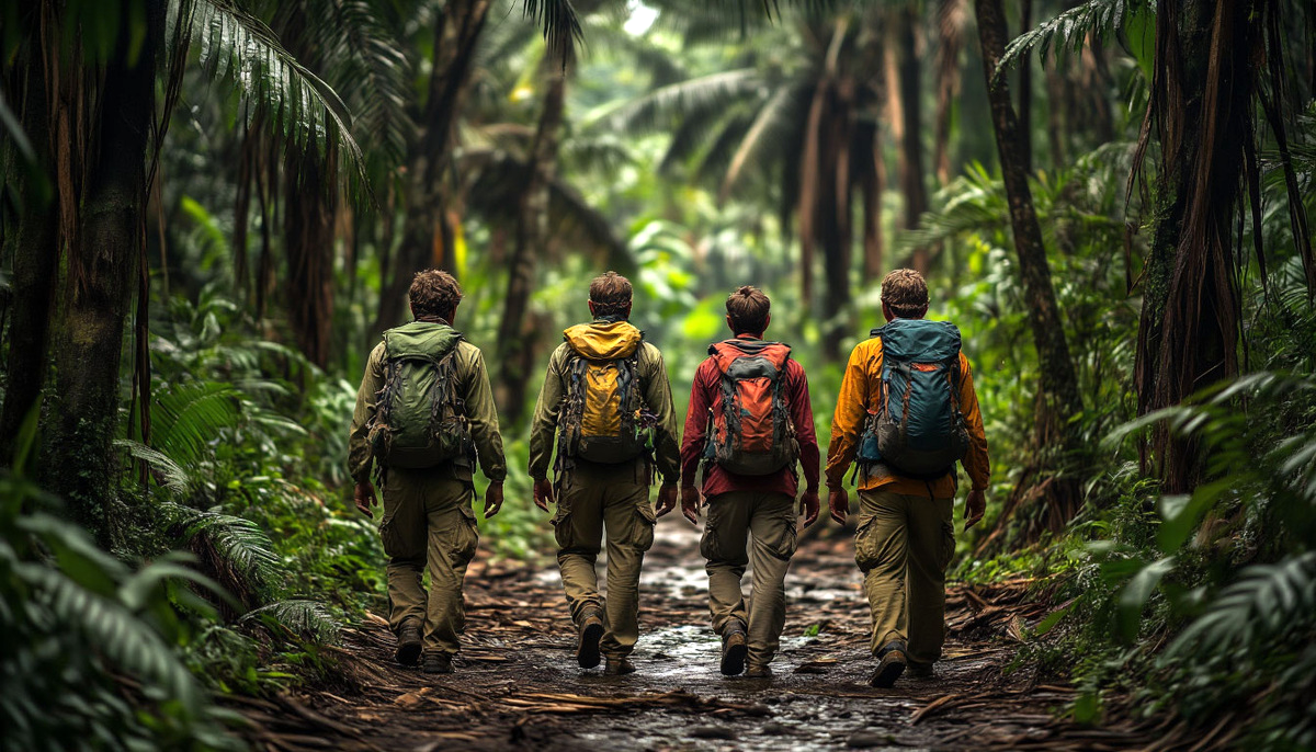 Девушка чуть отстала и шла позади мужчин.