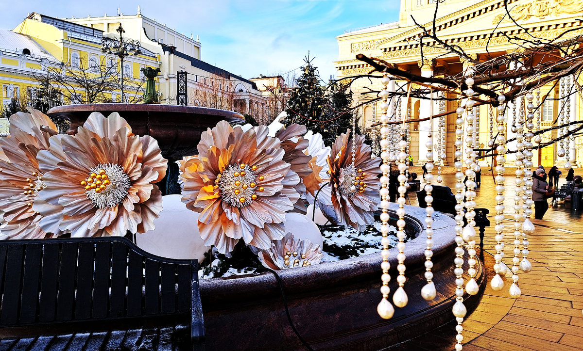 Большой театр и фонтан с цветами, Театральная площадь. Декабрь 2025. Фото автора статьи