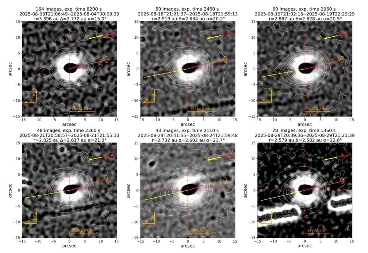    Снимки межзвездной кометы 3I/ATLAS, сделанные в августе 2025 года с помощью телескопа TTT в Обсерватории Тейде (справа от кометного ядра прослеживается газовая струя) / © M. Serra-Ricart et al, 2025