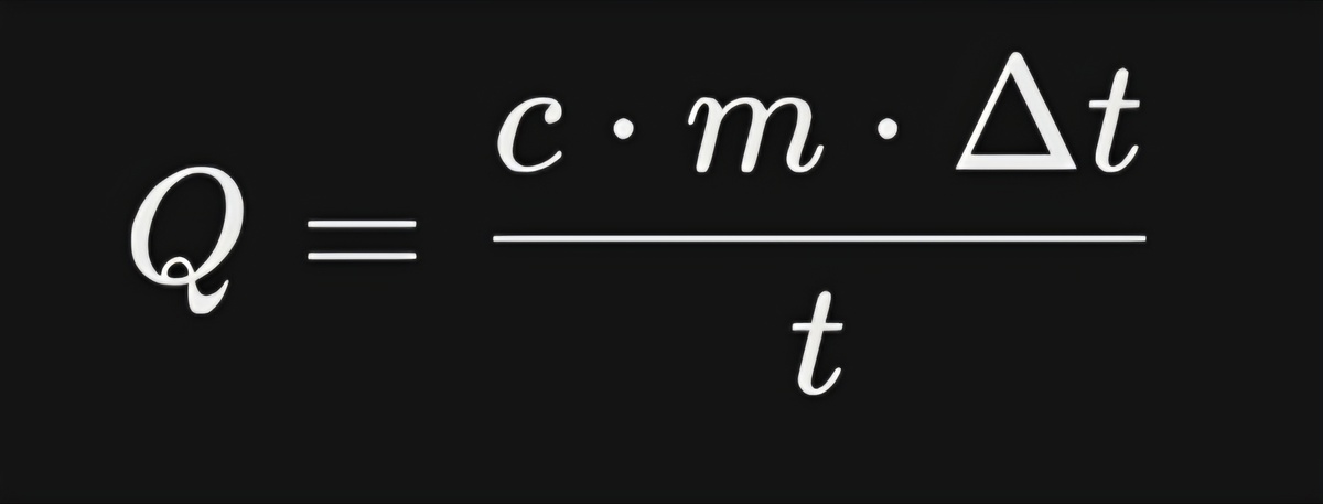 Картинка 1.где:  
* Q — мощность (кВт);  
* c — удельная теплоёмкость воды ($4{,}186\ \text{кДж/(кг}\cdot\text{°C)}$);  
* m — масса воды (кг);  
* Delta t — разница температур (°C);  
* t — время (секунды).