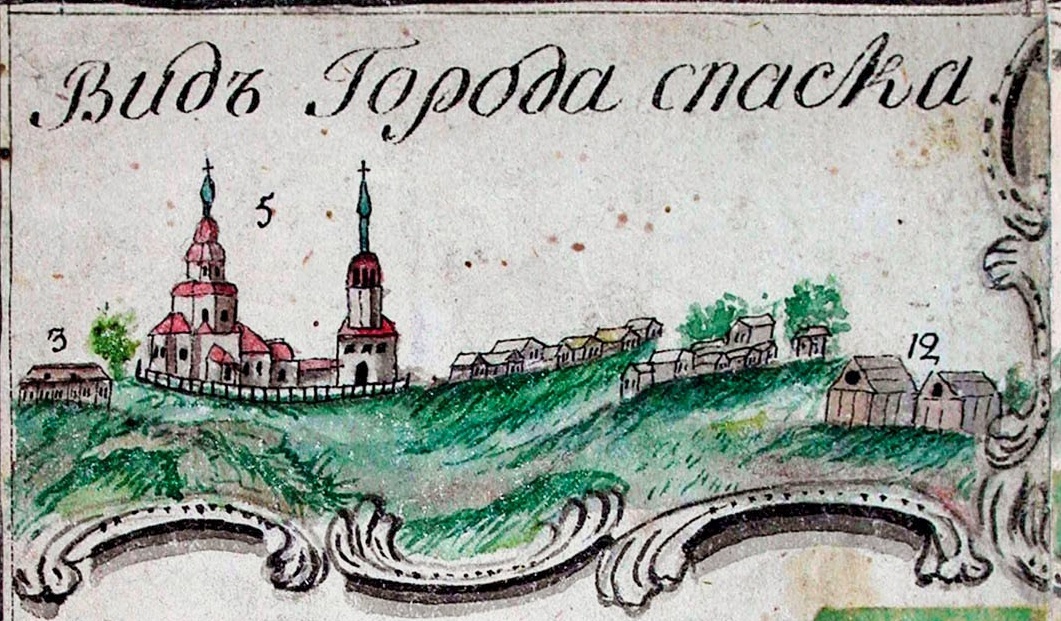 Из Геометрической карты Казанской губернии, 1796 г. Вид с севера. 3 - присутственные места партикулярные, 5 — соборная церковь казенного строения, 12 - соляной магазин.