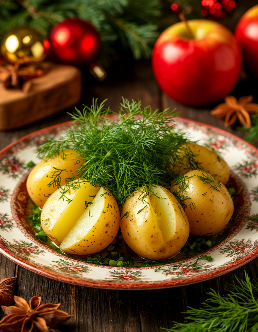 Вареный молодой картофель в мундире, заправлен зеленым луком, укропом с растительным маслом и солью.