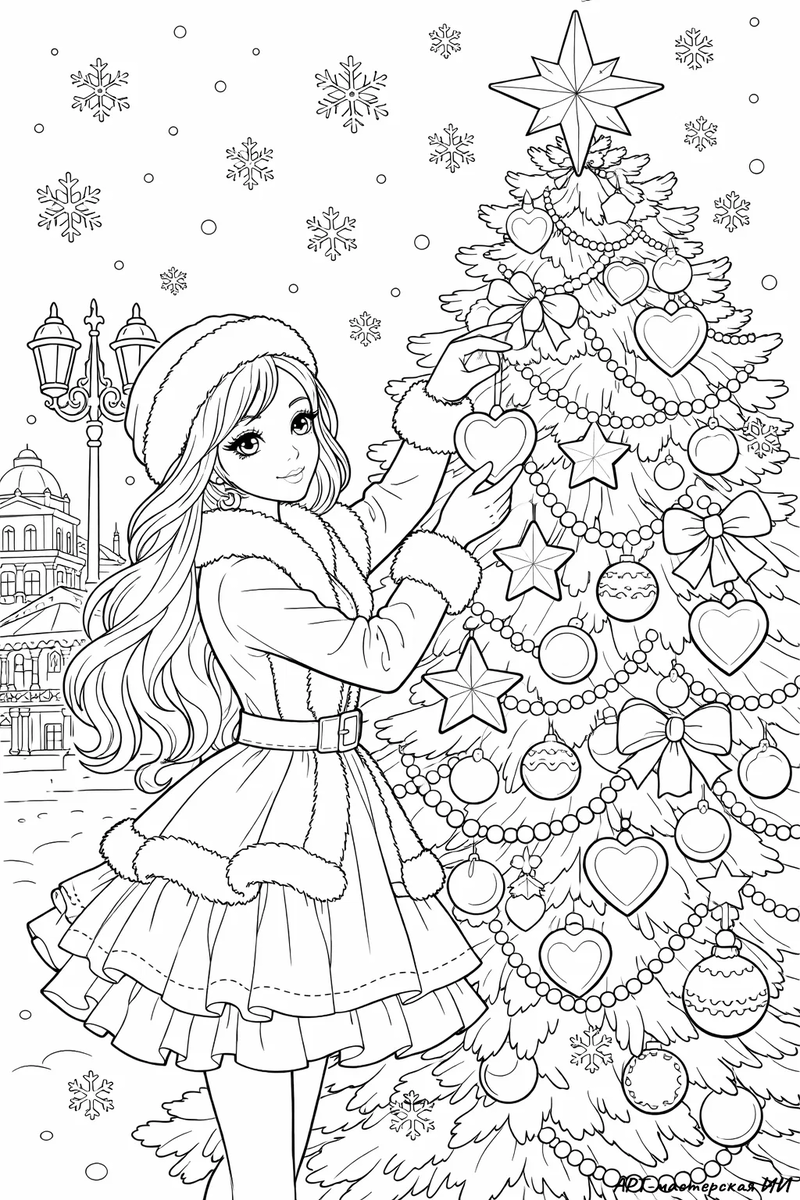 Иллюстрация для раскрашивания «Новогодняя история». Создано АРТ-мастерской ИИ.