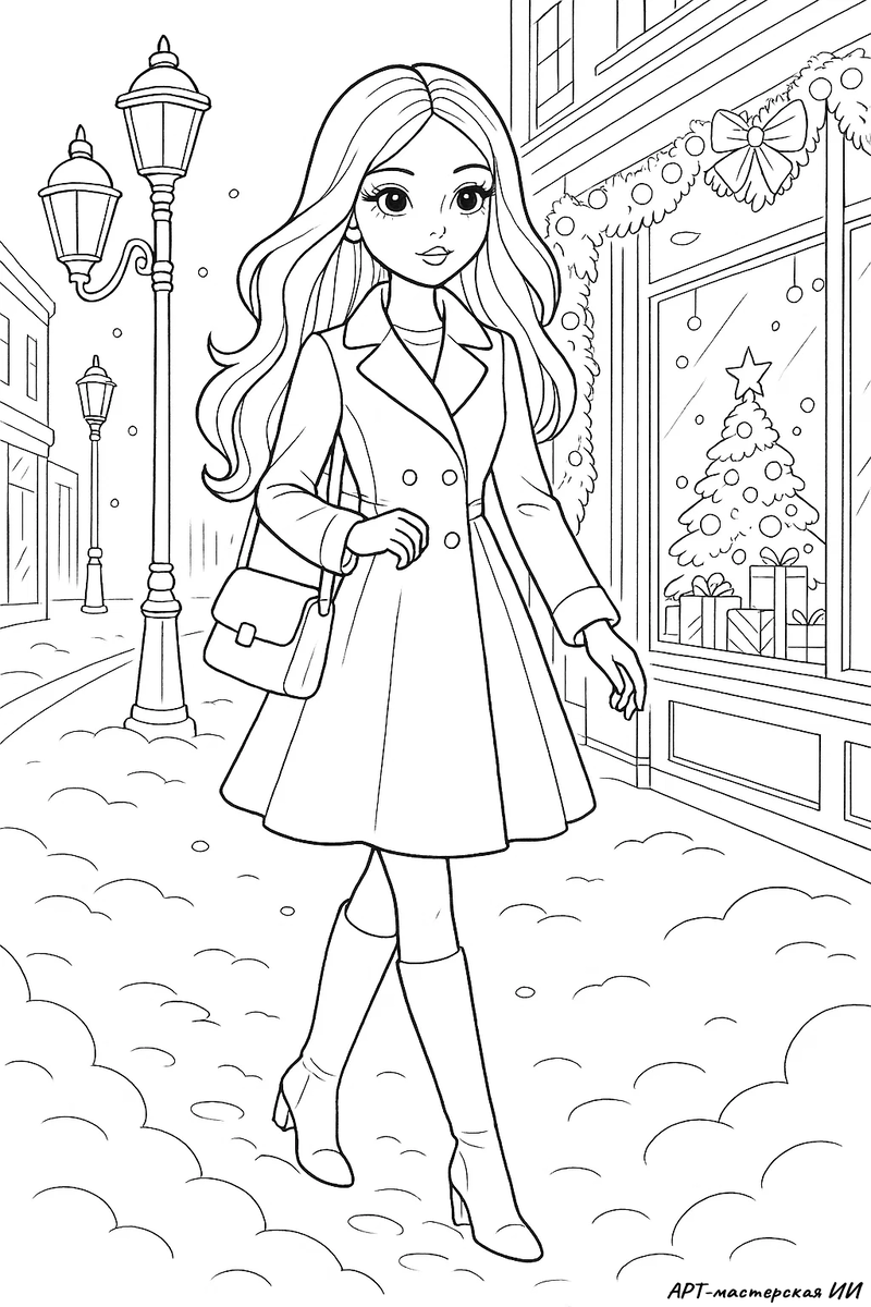 Иллюстрация для раскрашивания «Новогодняя история». Создано АРТ-мастерской ИИ.