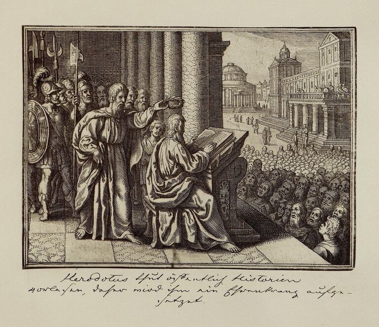 Геродот, читающий свое сочинение народу. Первая треть XVII в.
Гравер – Маттеус Мериан Старший (нем. Matthäus Merian der Ältere, 1593–1650). Государственный Эрмитаж, Санкт-Петербург