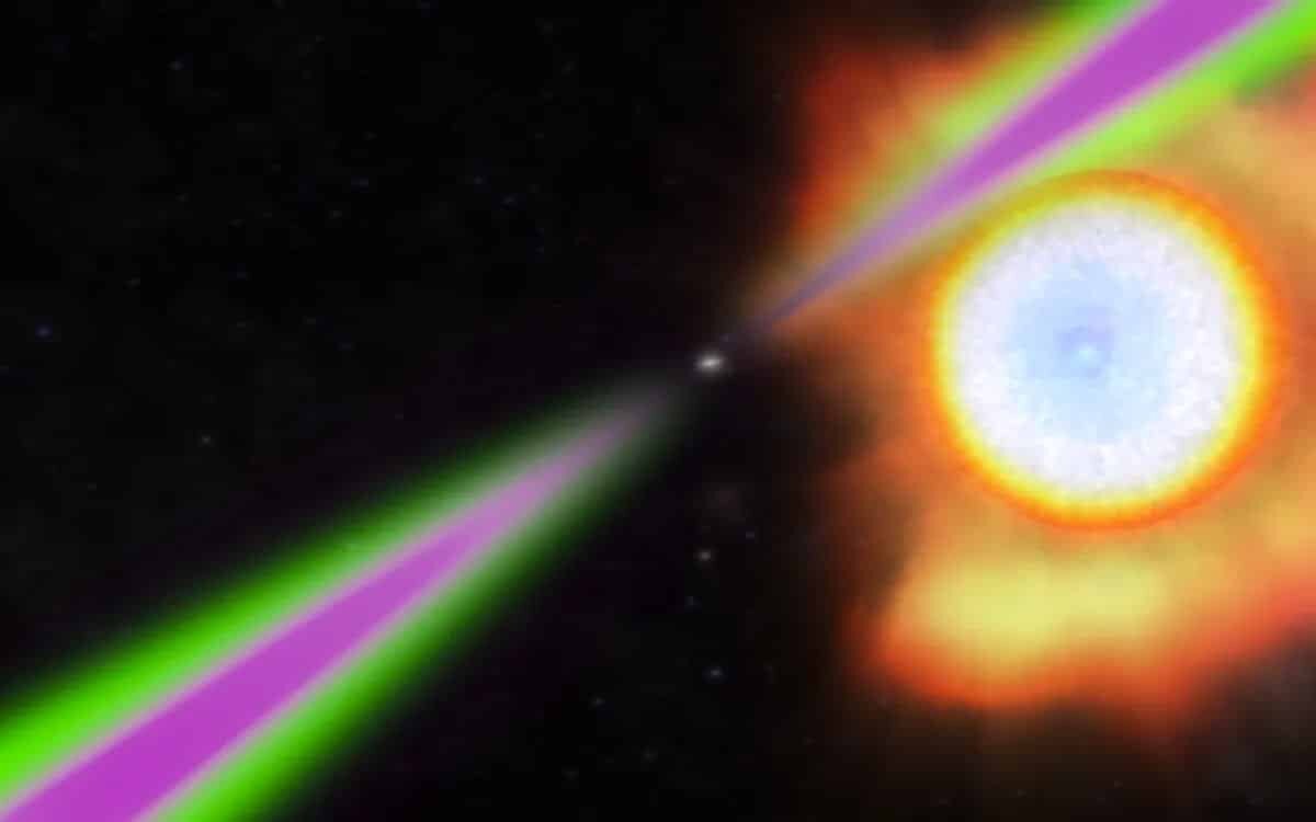    Сценарий черной вдовы в представлении художника. Малое тело, от полюсов которого бьют пучки излучения — это нейтронная звезда. Несмотря на малый размер, она на порядок и более массивнее находящегося рядом звездного объекта (справа), от которого она отрывает вещество, увеличивая за его счет свою массу / © NASA’s Goddard Space Flight Center