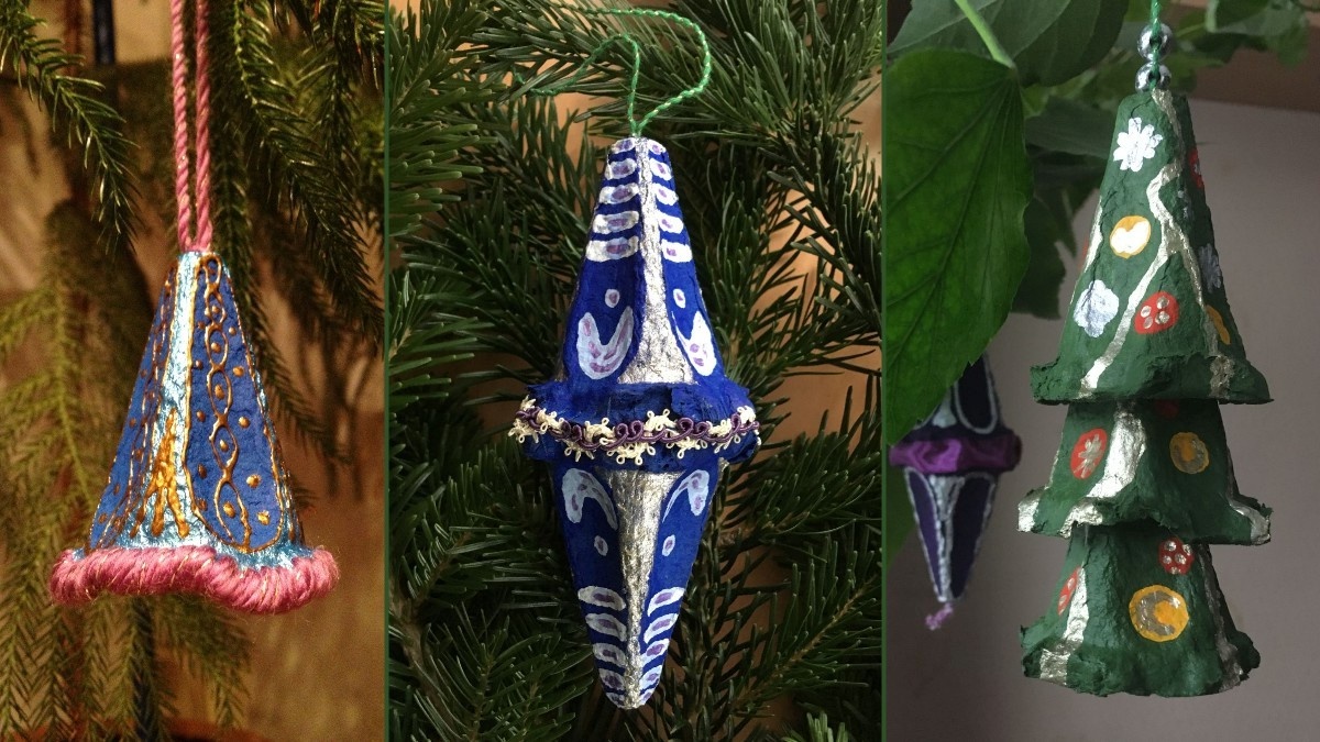 Украшения из выступающих частей упаковки, похожих на горные пики: колокольчик, подвеска, ёлочка
