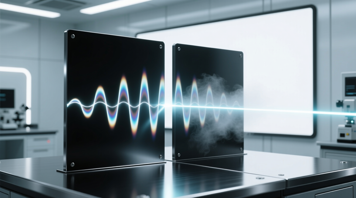 Классический опыт, показавший волновую природу света. Полосы на экране — не две точки от щелей, а сложная интерференционная картина, которую даёт только волна.