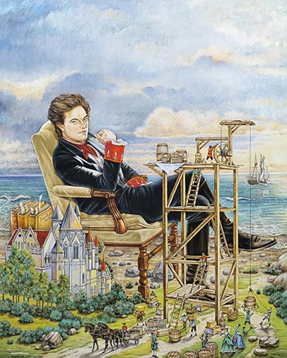 1 Новожилов Сергей "Гулливер в Лилипутии. Завтрак"
100х80 оргалит масло 2023 г
 