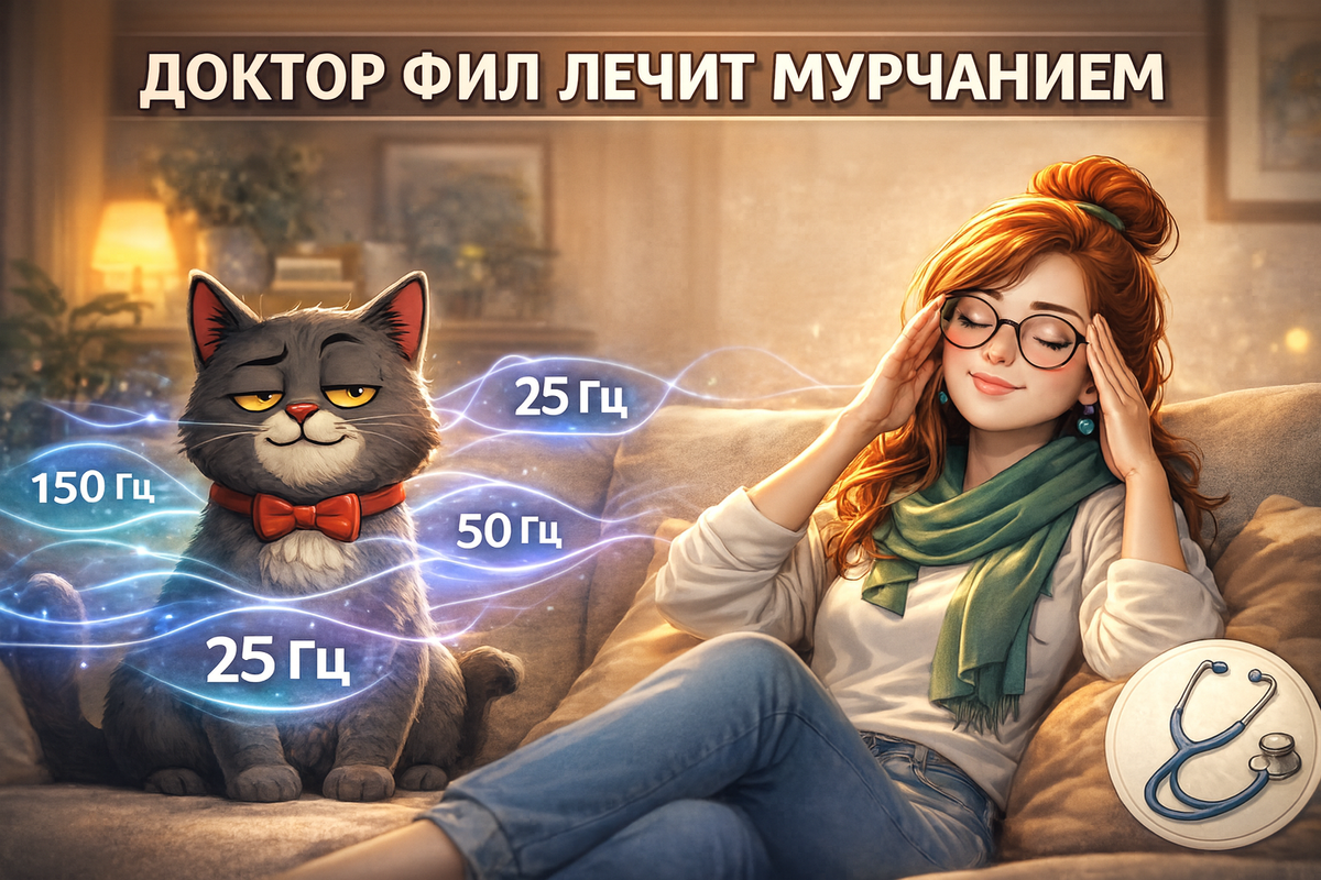 Иллюстрация создана автором с помощью нейросети специально для статьи
"Серый британский кот-терапевт в галстуке-бабочке демонстрирует научно доказанные лечебные свойства мурчания на частотах 25-150 Гц для здоровья хозяйки"