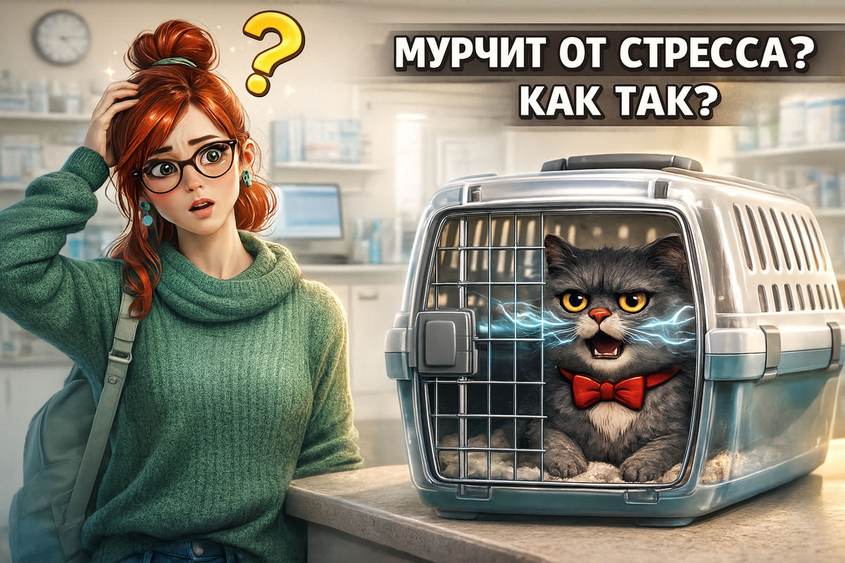 Иллюстрация создана автором с помощью нейросети специально для статьи
"Серый британский кот в стрессовой ситуации мурчит в переноске, демонстрируя загадочное поведение домашних животных"