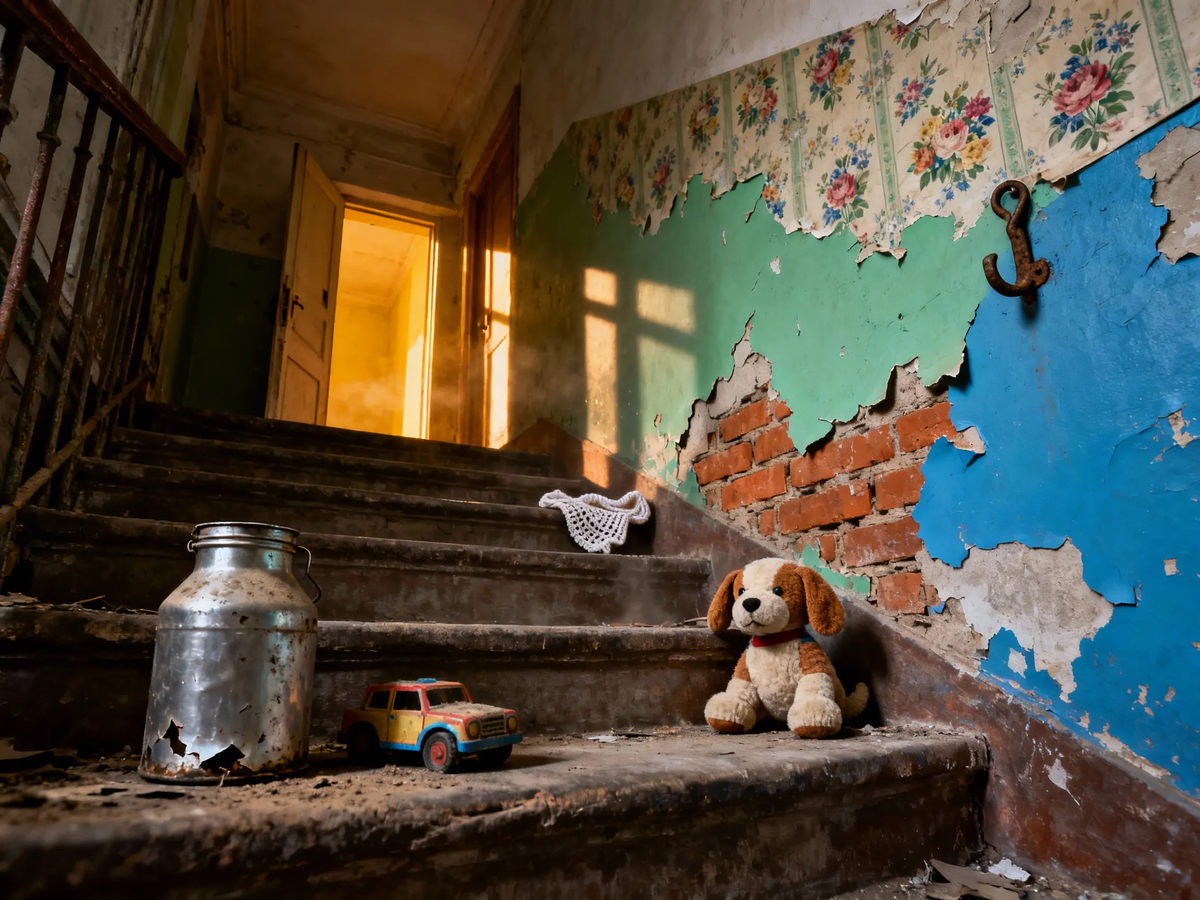 На ступеньке встретились бидон от молока и забытая игрушка — призраки общего быта и личного детства. А крюк на стене всё ждёт, когда натянут верёвку с бельём, чтобы снова превратить лестницу в шумную, пахнущую мылом улицу одного большого дома.