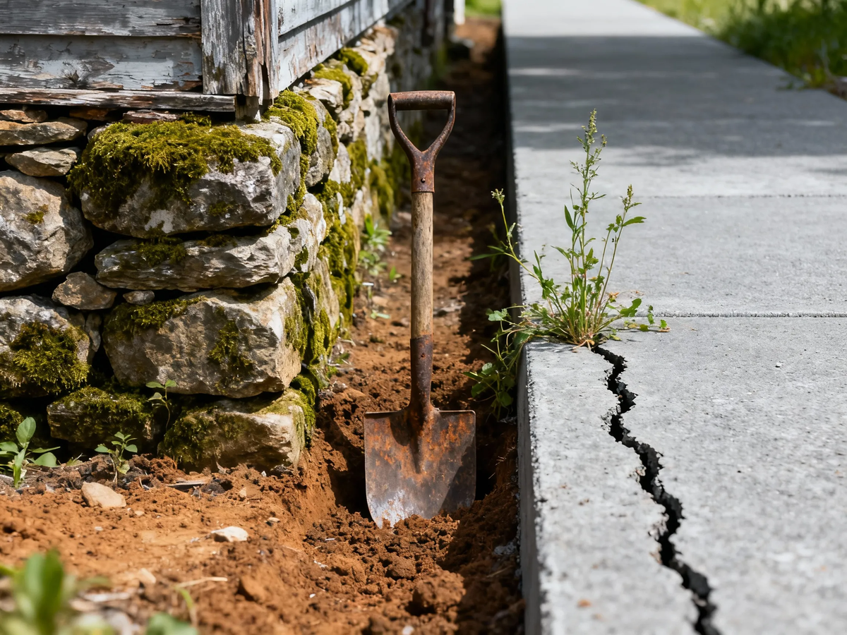 Диалог эпох в земле. Слева — терпеливая сборка из дикого камня, справа — технологичный монолит, не выдержавший испытания временем.