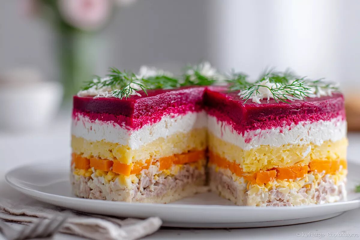    Благодаря тому, что каждый слой уже смешан с майонезом, салат получается сочным сразу и не требует долгого настаивания