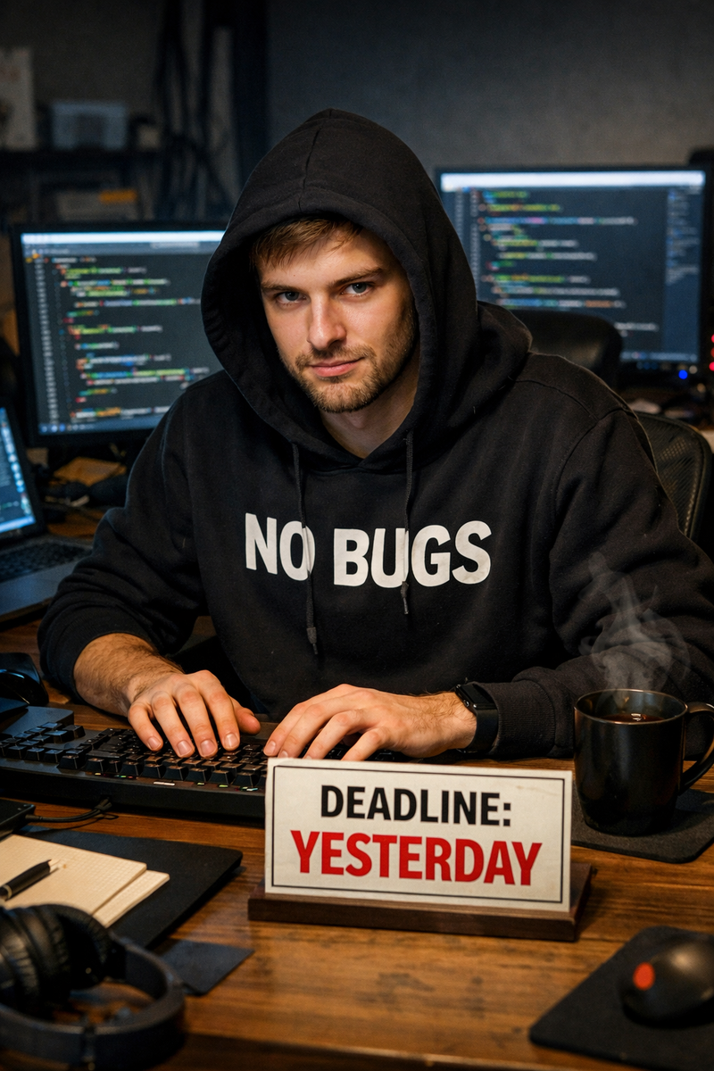 Промт: Программист в худи с надписью 'NO BUGS', на столе табличка 'DEADLINE: YESTERDAY'