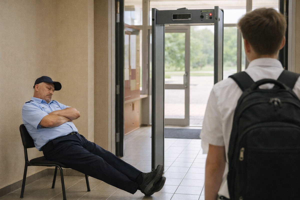 Иллюстрация в исполнении нейросети. Всё-таки со спящими в школах охранниками я ещё ни разу не сталкивалась. 