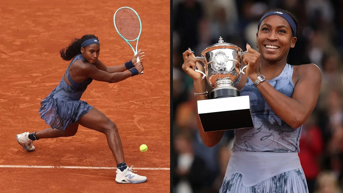 Вылепленная из глины: Коко Гауфф выиграла свой второй титул на турнирах Большого шлема в одиночном разряде на Открытом чемпионате Франции в этом году. На Ролан-Гарросе она также привлекла внимание New Balance в 2018 году и едва не совершила свой главный прорыв в 2022 году. (Фото Clive Brunskill·Getty Images, Julian Finney·Getty Images)