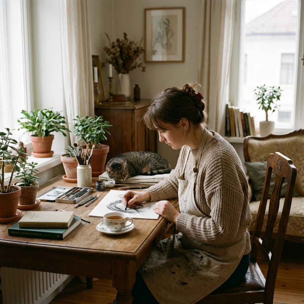 Человек рисует за столом, вокруг — спокойная, безопасная атмосфера