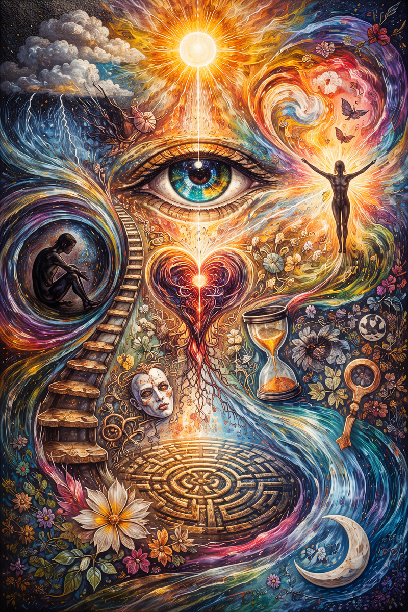 абстрактный рисунок с символами и фигурами, отражающими внутренние переживания