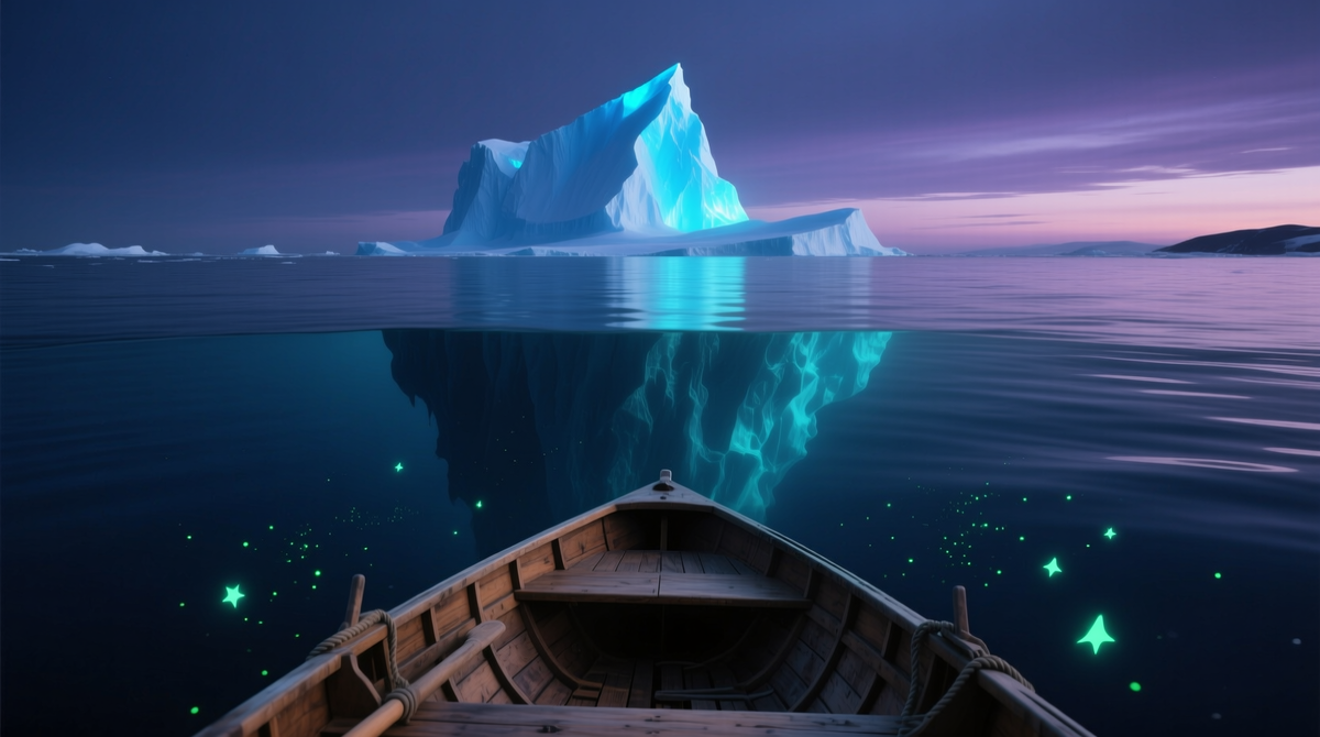 Это наша Вселенная. Над водой — видимая нам материя: звёзды и планеты (5%). Но наша «лодка» реальности плывёт по океану невидимой тёмной материи и энергии, которая в 20 раз больше и определяет всё.