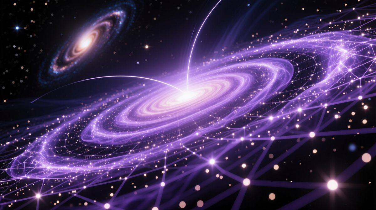 Спиральная галактика, которую мы видим в телескоп, — лишь центр событий. Её удерживает и вращает невидимое гало тёмной материи (фиолетовая дымка), чья гравитация искажает свет далёких звёзд.