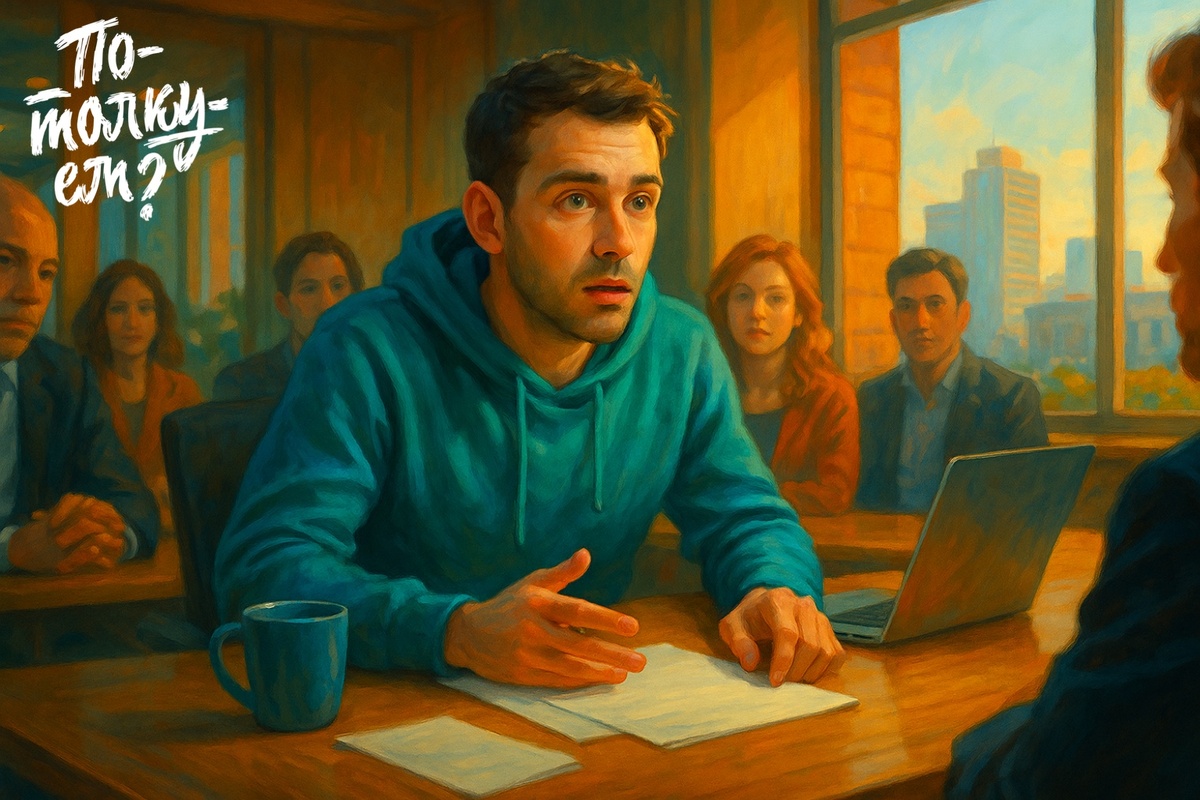 Мужчина в бирюзовом худи сидит в переговорной за столом, люди ждут его речи