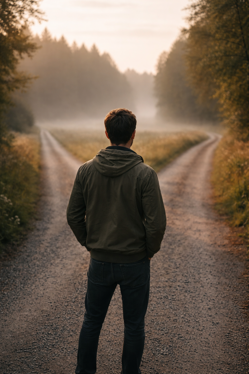 Человек стоит на развилке дорог, за спиной — длинный путь, впереди — сомнение и пауза