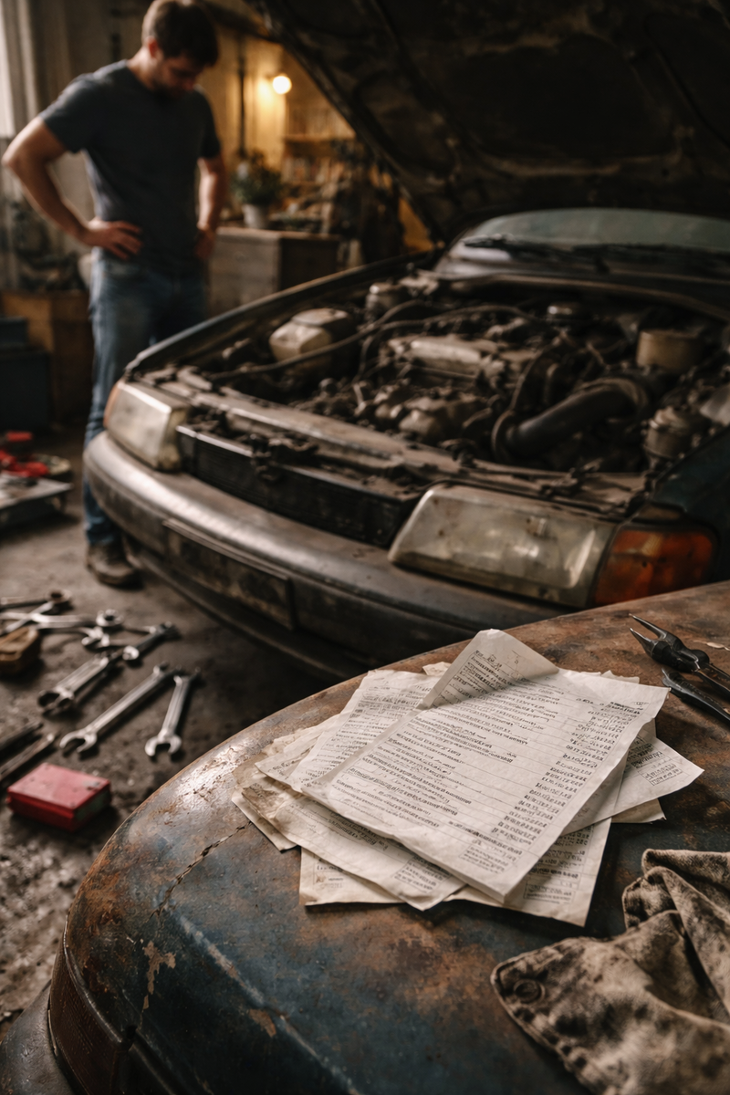 Старый автомобиль в ремонте, рядом — квитанции и инструменты