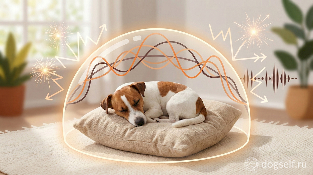 Коричневый шум – это как надеть шумоизоляционные наушники собаке. Волны низких частот создают плотный фоновый звук, который буквально закрывает от собаки те хлопки салютов, которые она слышит, как боль. Начните включать его за 2 недели по 15 минут в день, чтобы питомец привык. | Иллюстрация: DogSelf