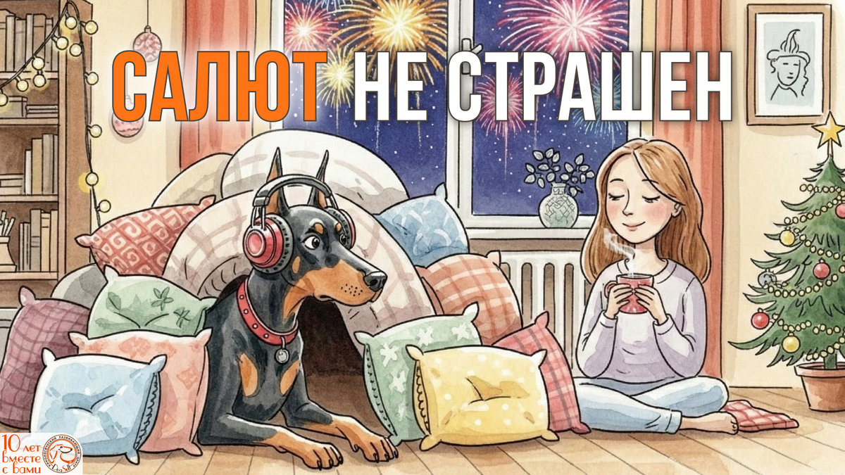 Собака спокойна перед салютами. За окном вспыхивает небо, но она не прячется под кровать. Не потому, что стала смелой, а потому что вы помогли её мозгу переключиться. Две недели подготовки – четыре метода – итог: ваш питомец отдыхает в ночь на 1 января вместо паники. Читайте, как это сделать. | Иллюстрация: DogSelf