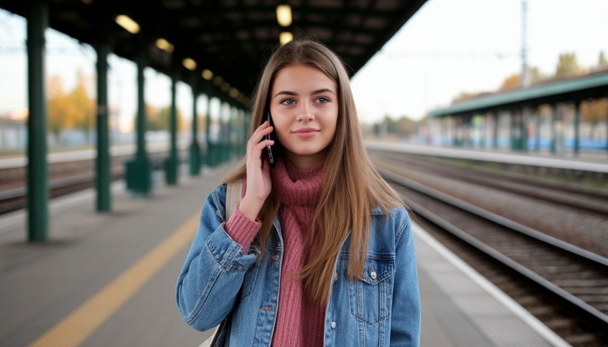 Девушка на железнодорожной станции разговаривает по телефону