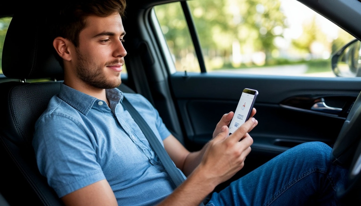 Парень в машине выбирает выгодный мобильный тариф для путешествия