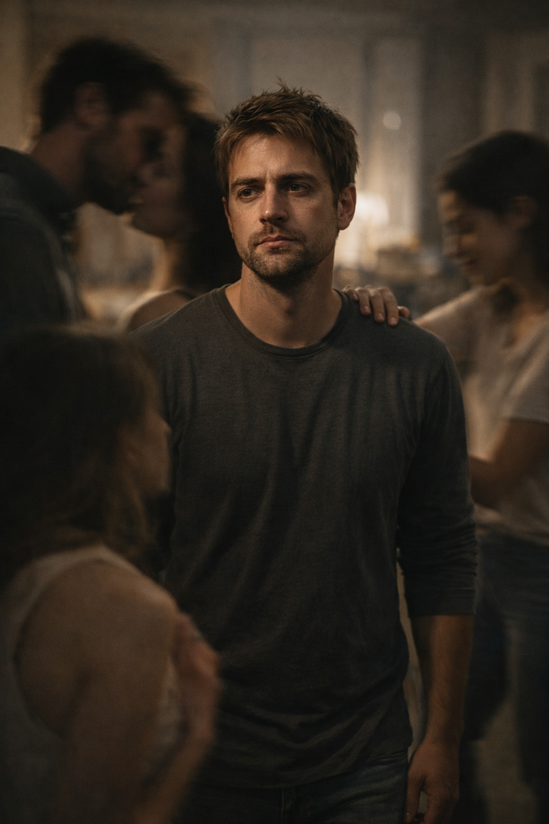 Человек в центре, вокруг — несколько романтических силуэтов, создающих ощущение вихря эмоций